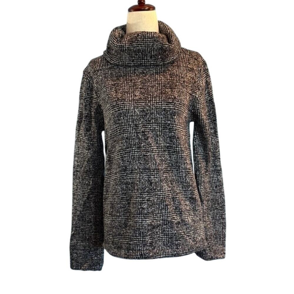 J.Crew Mercantile Pullover Funnel Neck Sweater Black White Plaid SOFT! SMALL